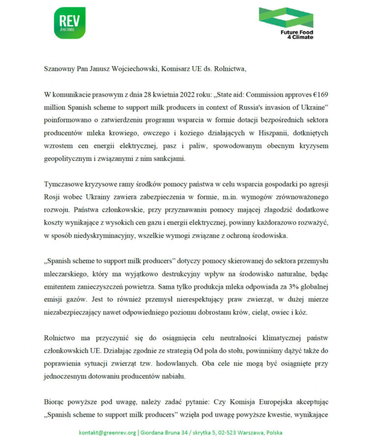 List dot. dotacji bezpośrednich dla sektora mlecznego w Hiszpanii