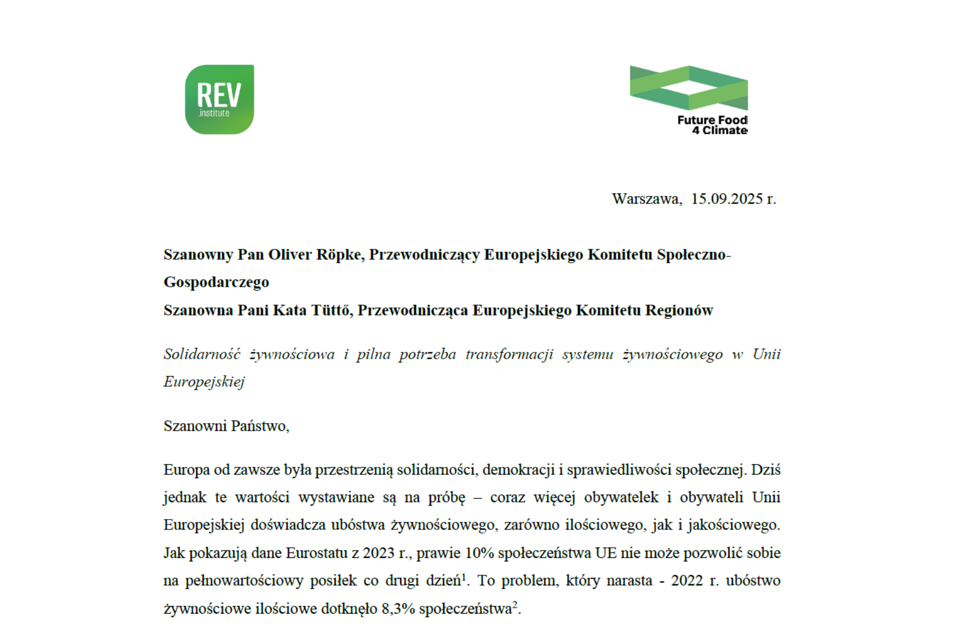 Treść apelu Green REV Institute i Federacji Bezpieczna Żywność do Olivera Röpke i Katy Tüttő, przewodniczących kluczowych komitetów UE.