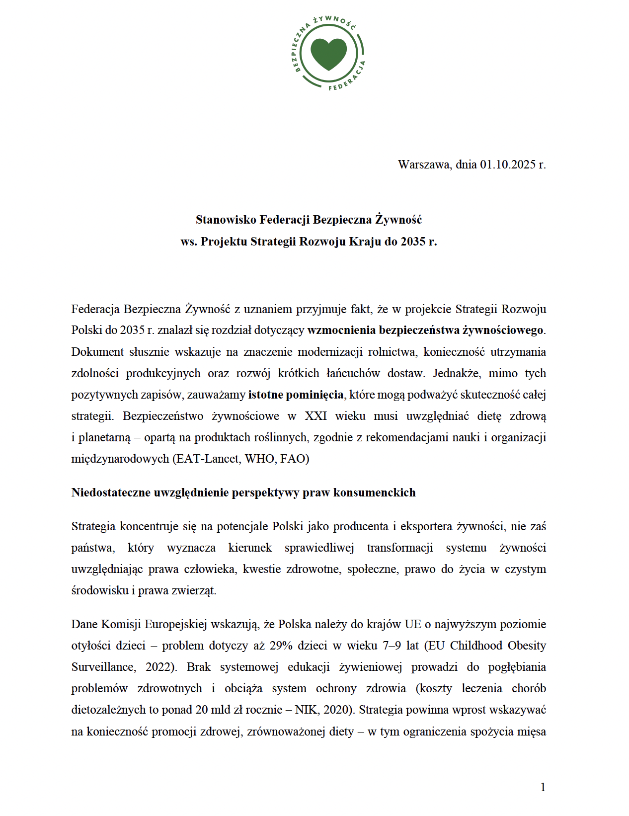Stanowisko Federacji Bezpieczna Żywność ws. Projektu Strategii Rozwoju Kraju do 2035 r.