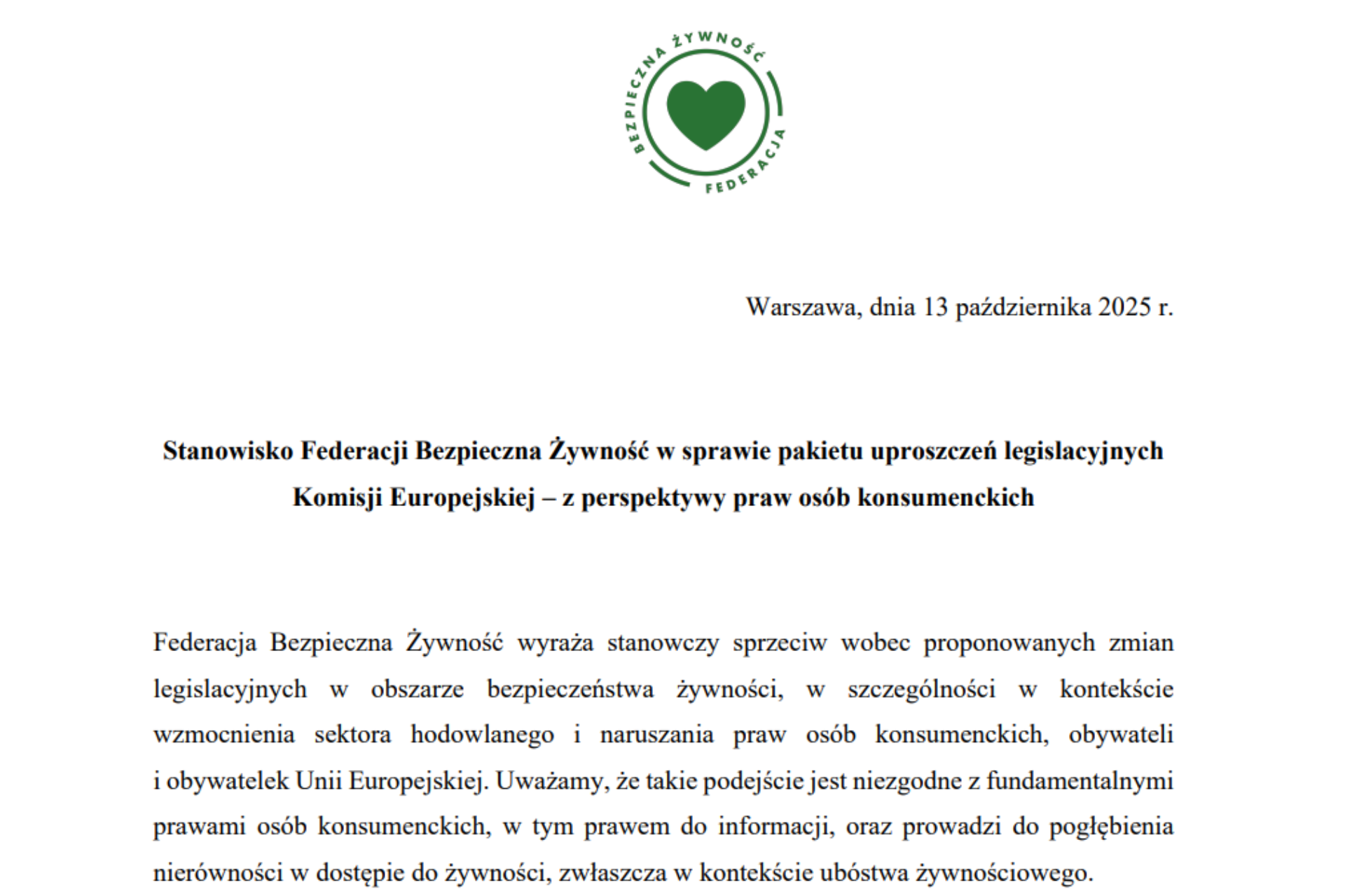 Stanowisko Federacji Bezpieczna Żywność w sprawie pakietu uproszczeń legislacyjnych