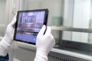 Osoba w rękawiczkach ochronnych trzyma tablet, na którym wyświetlany jest obraz wnętrza laboratoryjnego urządzenia oraz dane z procesu monitorowania. Zdjęcie wykonano w laboratorium lub zakładzie badawczym.