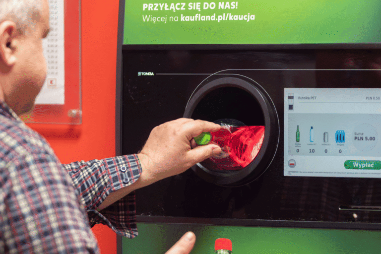 Mężczyzna wkłada plastikową butelkę do automatu kaucyjnego we Wrocławiu.
